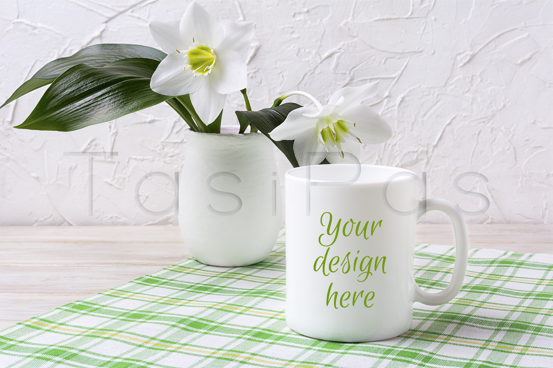 Download White Mug Mockup with Lily in Vase on Green Checkered Napkin - Mug mockup Collection